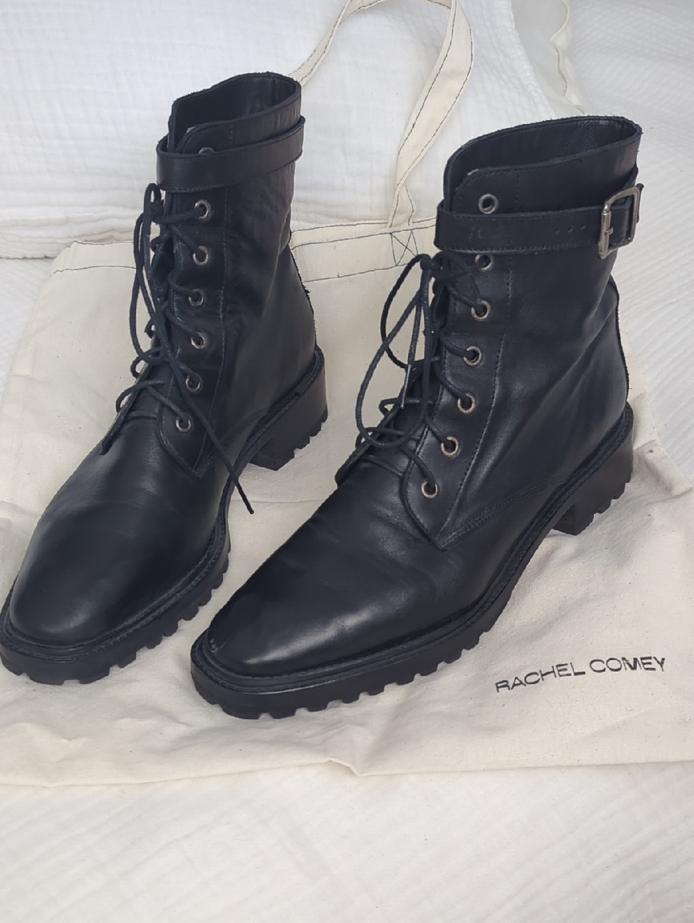 Rachel Comey Dame Black Leather Lace-Up Ankle Boots with Buckle